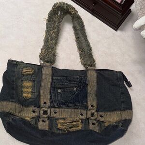 SOLD Vintage Distressed Denim Tote Bag with Fuzzy Straps